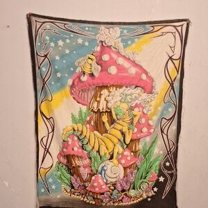 Whimsical Mushroom Tapestry with Pink and Yellow Accents